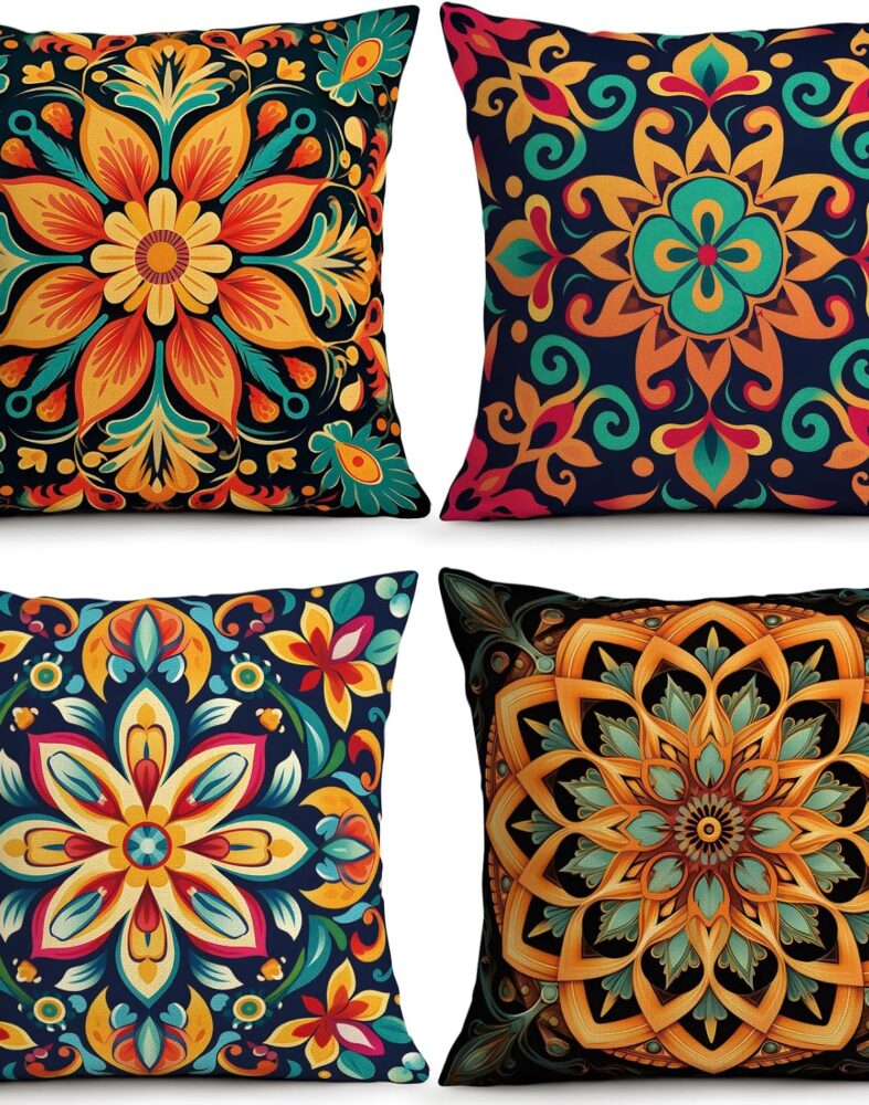 ORMAN Colorful Boho Mandala Throw Pillow Covers 18x18 Inch Set of 4 | Bright Colorful Boho Pattern for Living Room Sofa Farmhouse Apartment Decor
