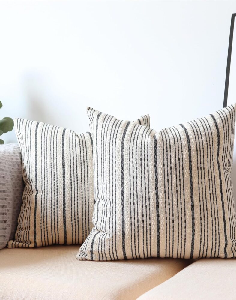 Black Outdoor Striped Pack of 2 Couch Throw Pillow Covers 18x18 | Farmhouse Decorative 18 Square Throw Pillows for Couch Sofa Bed Black and Cream