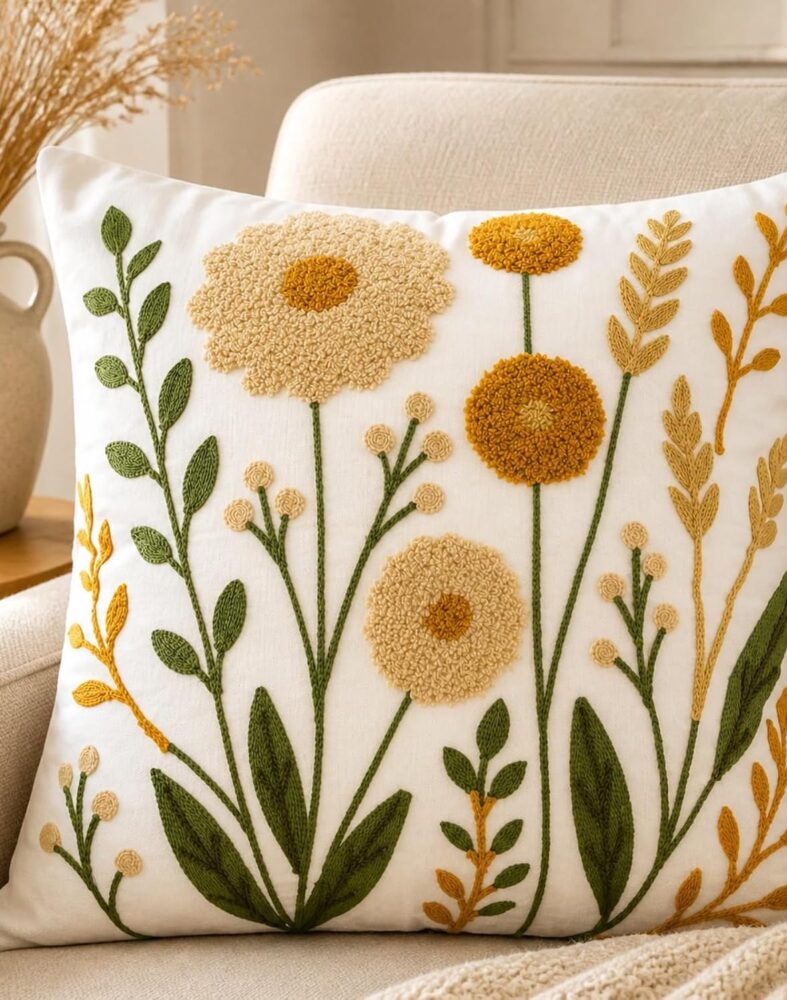 Embroidered Floral Throw Pillow Cover, 18x18 Inch Decorative Pillowcase | Vintage Botanical Daisy Flower Cushion Case, Modern Farmhouse Boho Accent Pillow Cover for Living Room Sofa Couch Bedroom