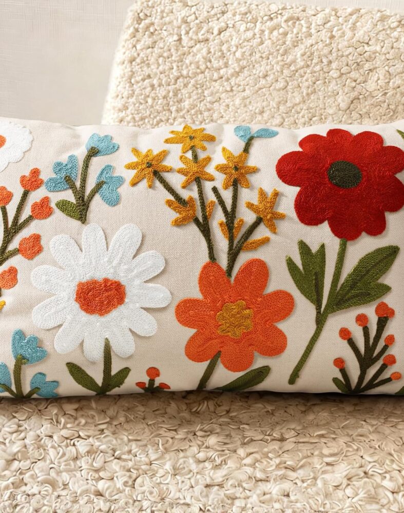 Embroidered Lumbar Pillow Cover 20x12 Inch, Flower Cluster | Decorative Throw Pillow Cover, Floral Farmhouse Cushion Case with Hidden Zipper, Home Decor for Couch, Sofa, Living Room